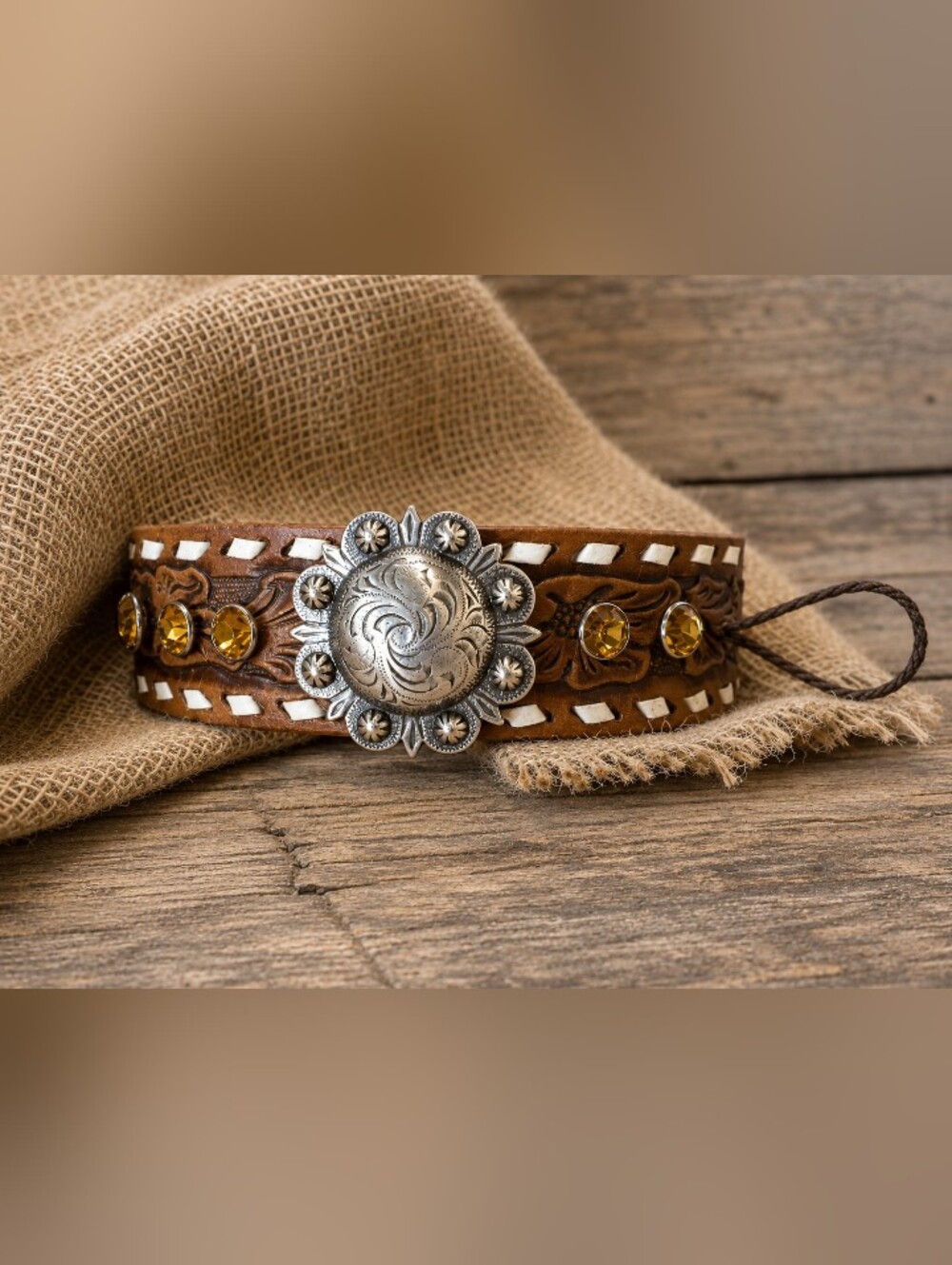 Western Tooled Leather Cuff Bracelet w/ Silver Concho & Amber Rhinestones